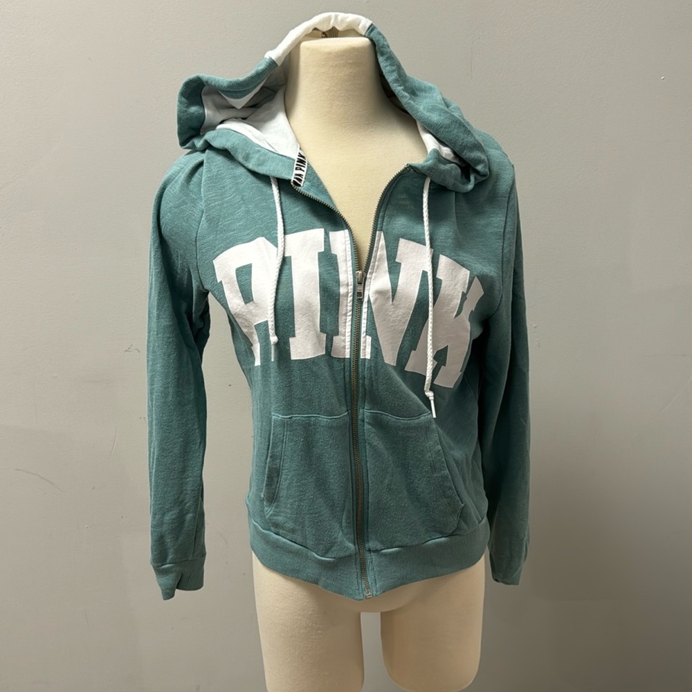PINK hooded zip up sweatshirt size medium in teal